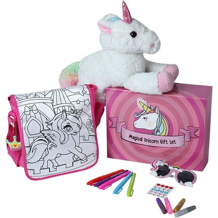 Magical Unicorn Gift Set with 15  Plush Stuffed Unicorn  Pink Sunglasses  Unicorn Purse  Sparkling Gem Stones  Glitter and 5 Markers Included - Color Your Own Unicorn Bag - Great Gift for Birthda