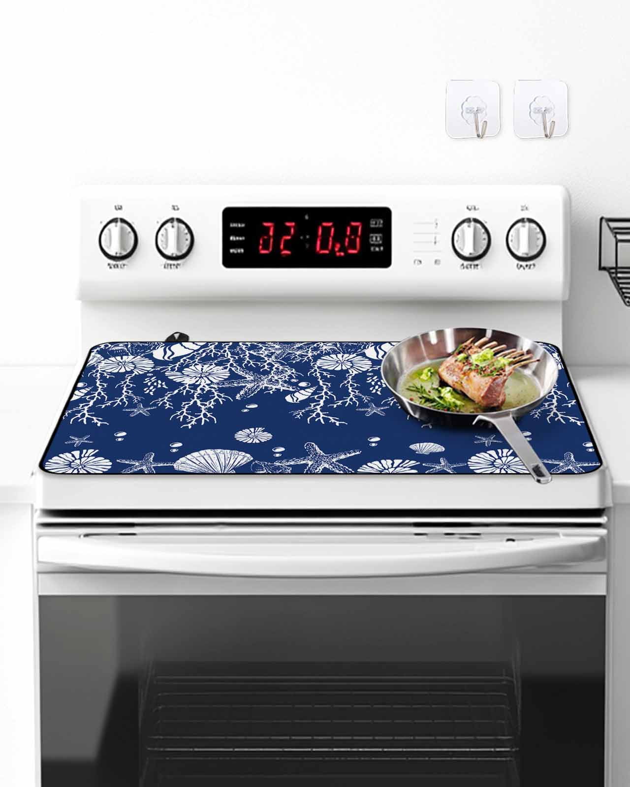 Stove Top Covers for Electric Stove, Navy Blue Coastal Glass Stovetop Cover Protector, Starfish Coral Ocean Conch Sea Nautical Induction Cooktop Protector Oven Mat for Kitchen Countertop 24"x21"