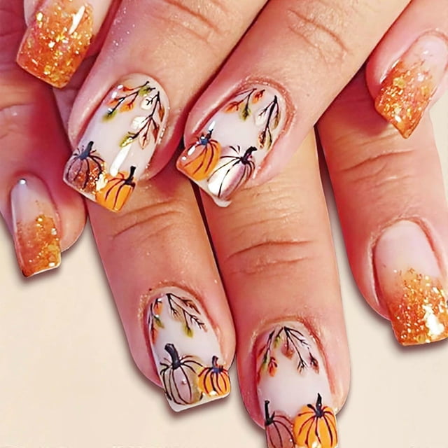 Set de 24 uñas postizas cortas cuadradas, con puntas francesas de purpurina naranja, uñas acrílicas postizas de otoño con pegamento.