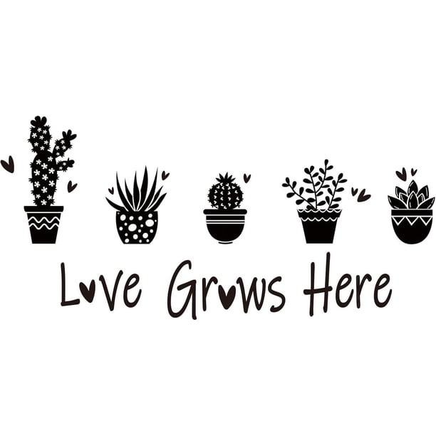 Adhesivo de pared de PVC con texto "El amor crece aquí", diseño de cactus en maceta, vinilo decorativo, frases cálidas, autoadhesivo.