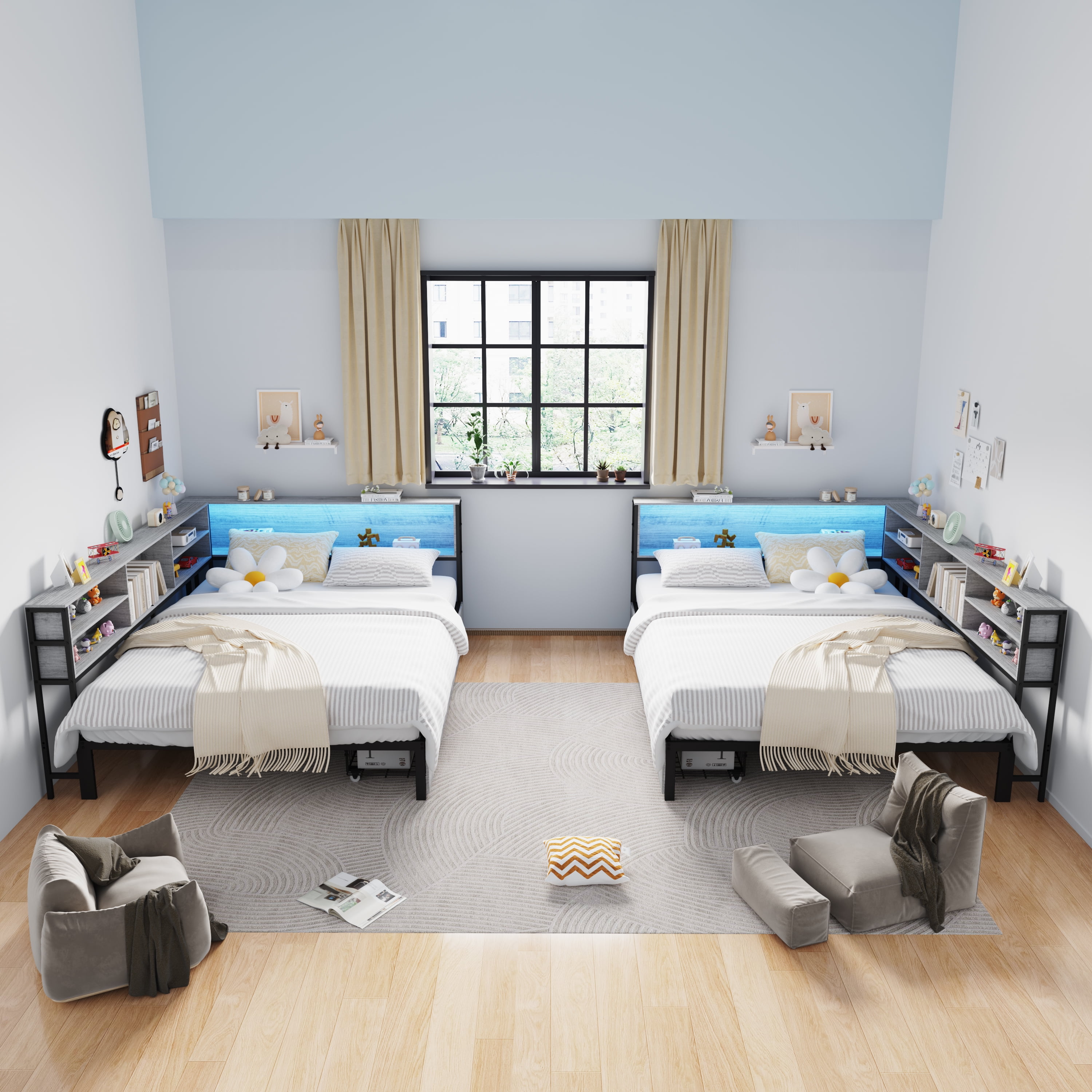 Yoneston Full Corner Bed with Bookcase Headboard & Charging Station, Platform Bed Frame with LED Lights & 2 Storage Drawers for Bedroom Living Room, Gray