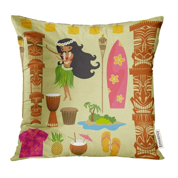 BSDHOME Luau Hawaii Symbols and Including Hula Dancer Tiki Gods Totem Pole Drums Torches Hawaiian Party Pillow Case 16x16 Inches Pillowcase
