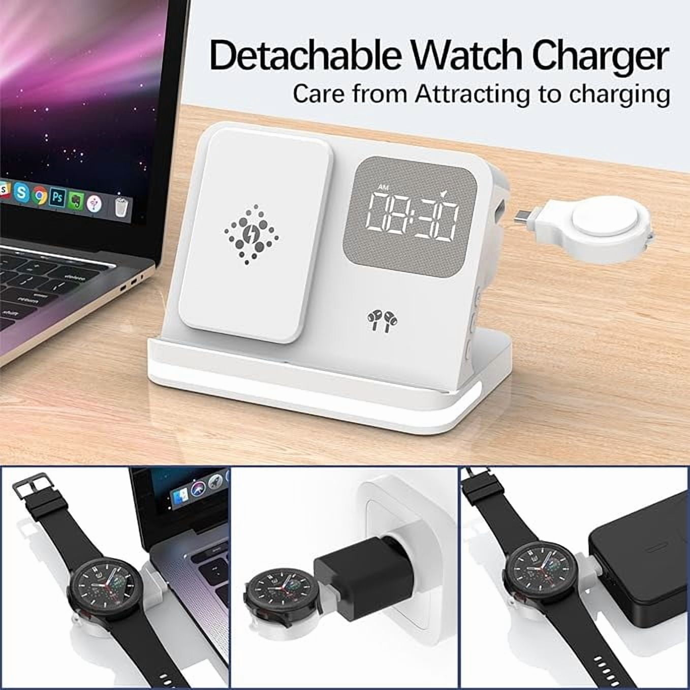 6 in 1 Wireless Charging Station Compatible with Apple Multiple Devices iPhone, AirPods, and Apple Watch - Phone Wireless Charger Fast Charging with Night Lamp and Clock, White