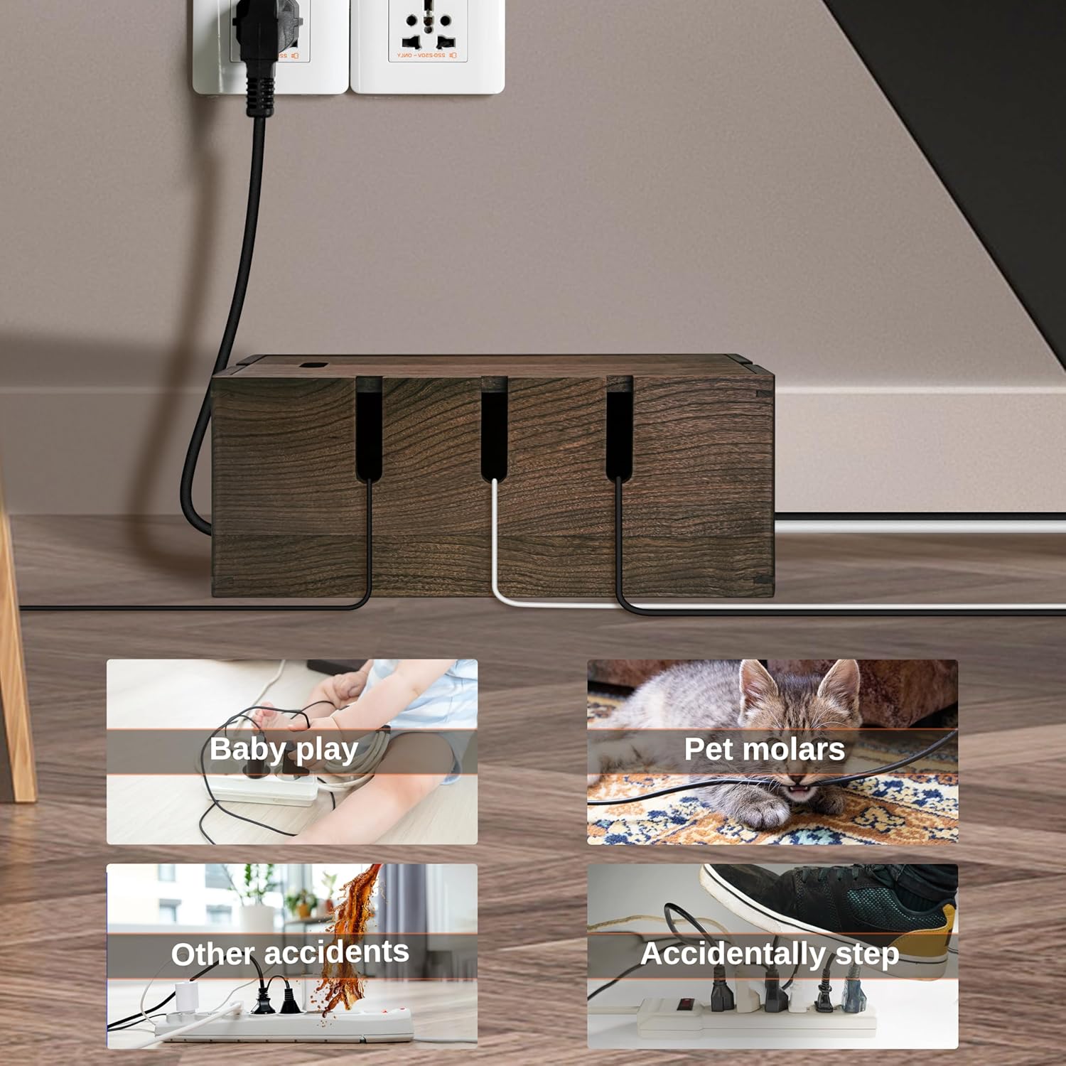 Elitzia Natural Walnut Wood Cable Management Box Desk Wire Organiser with Magnetic Cover for Hiding Messy Cables Cord Storage Tidy Box Suitable for Home Office Computer Desk TRPB02
