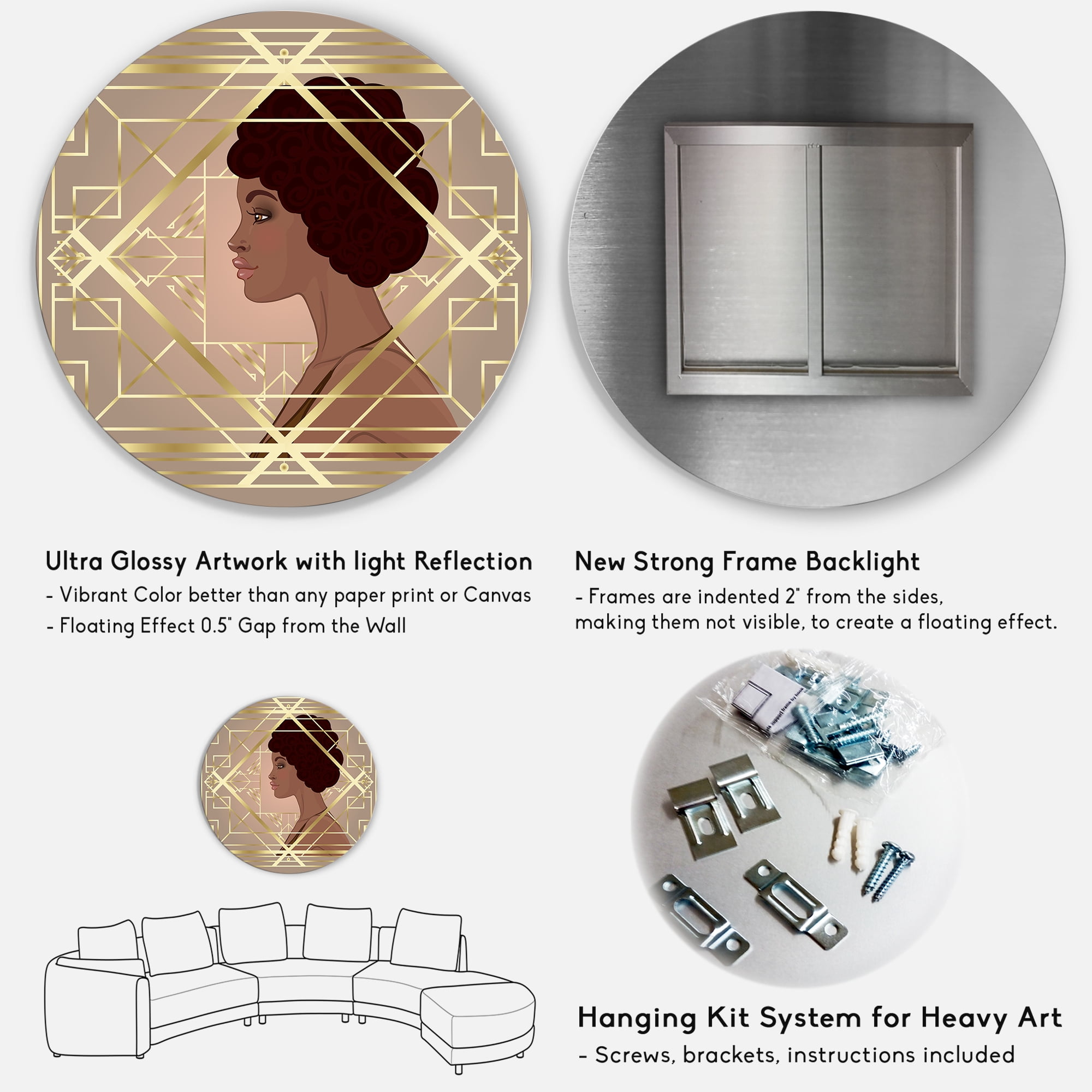 Designart 'Retro Girl In Golden Art Deco Geometrics II' Modern Circle Metal Wall Art 36x36 - Disc of 36