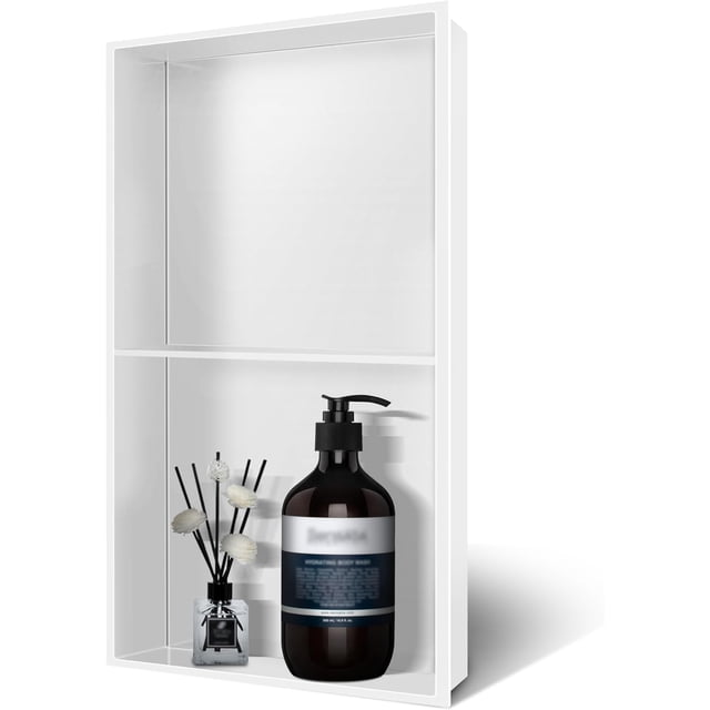 Bathfinesse Niche de Douche Encastrée Double 9 Pouces x 25 Pouces, Style Moderne, 2 Tablettes, Acier Inoxydable, Murale, Aucun Carreau Requis
