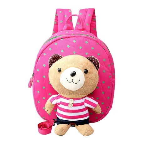 Kids Backpack Anti-lost School Bag with A Leash & Removable Cartoon Bear with Stripe Pattern Light Children Shoulder Bag (Rose Red)