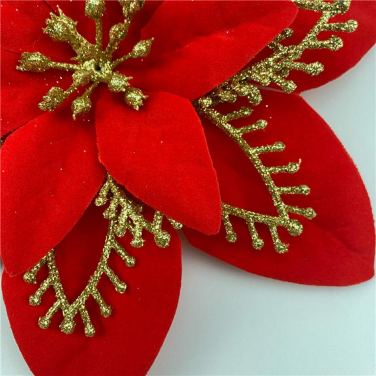 6-Pack Artificial Glitter Poinsettia, Flower Sticks, Christmas Flower Ornaments, Floral Stems, Picks, Branches, Xmas Tree Decorations for Holiday