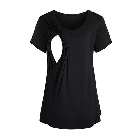 

Womens Plus Size Clearance $15 Fashion Solid Short Sleeve Breast-Feeding Pregnant Woman Maternity Blouse Black L I8421