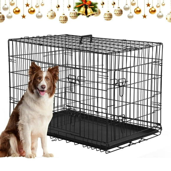 Large Dog Crate for Medium Large Dogs, 42 inch Dog Cage Metal Pet Crate with Plastic Tray and Handle Pet Dog Kennel Outdoor Indoor Double-Door Folding Dog Kennel Furniture, Black