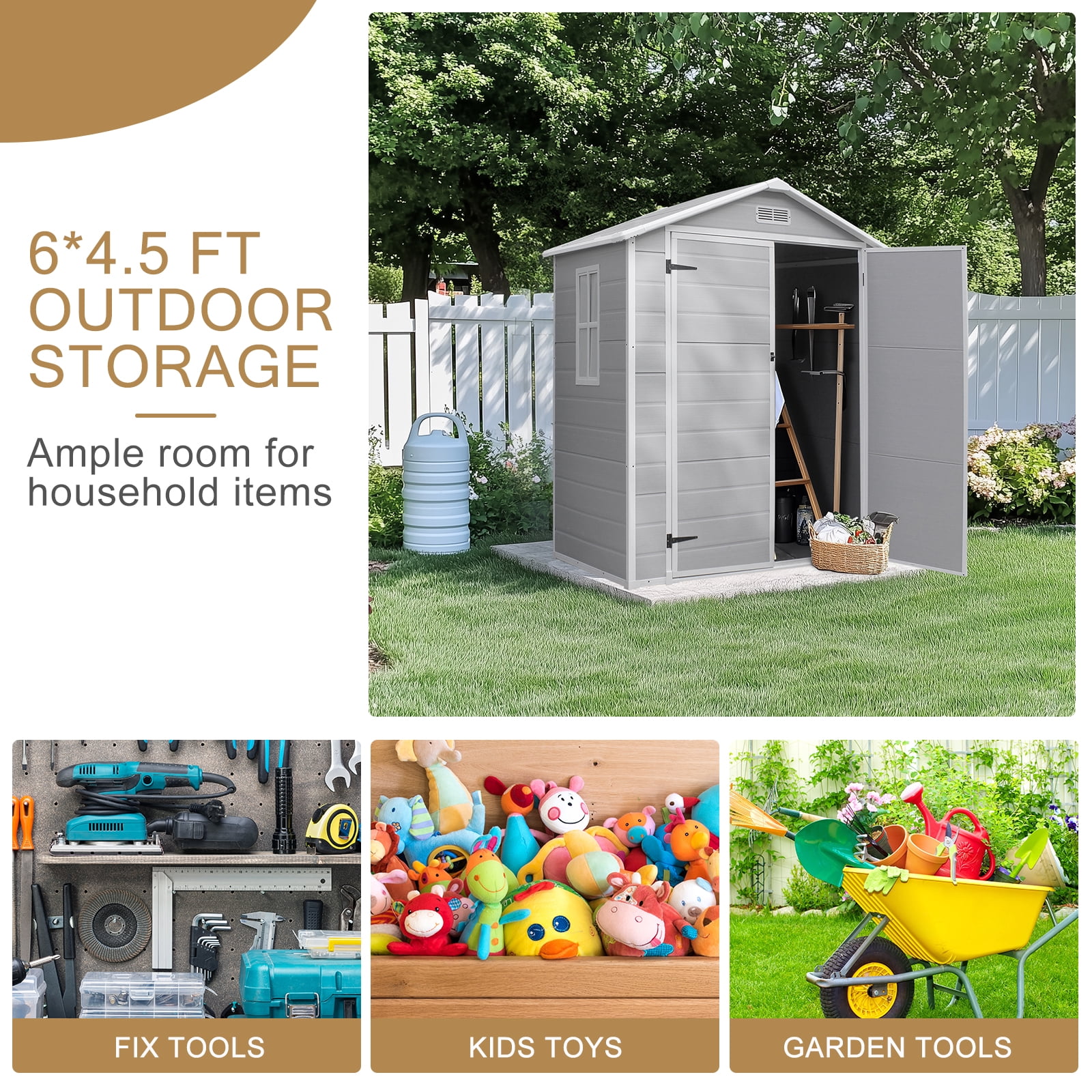 UBesGoo 6' x 5' Outdoor Storage Shed Plastic Garden Shed Resin Organization for Home/Lawn Mower/Backyard Equipment/Bike Storage/Pool Supplies