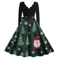 thumbnail image 3 of Christmas Dresses for Women Women's Casual And Fashionable Christmas Print V Neck Big Hem Dress Long Sleeved Dress with Christmas Snow House Print for Holiday Party,Dark Green,2XL, 3 of 4