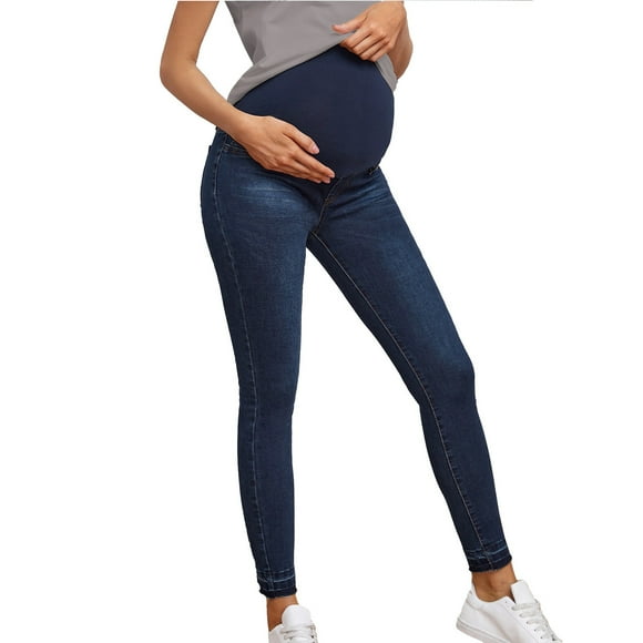 Jacenvly New Maternity Pants Jeans Long Pants Fashion Solid Elastic Waisted Skinny Jeans for Women Mid Waist Soft Easy Care Elastic Waisted Pocket Blue S