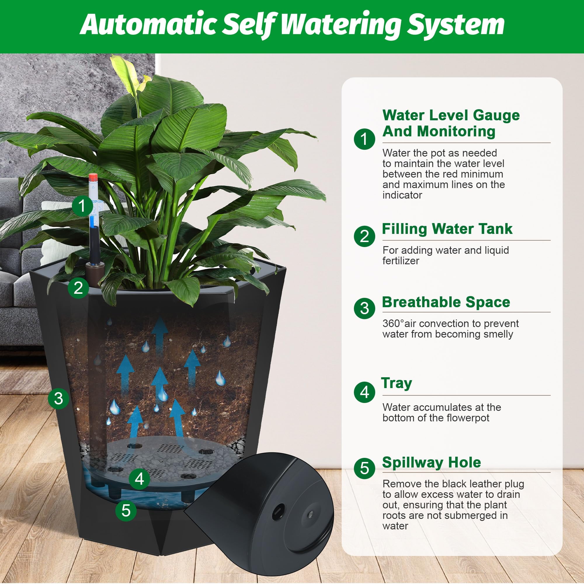 Garvee 2025 New 16" Tall Planters Set of 2, Outdoor＆Indoor Planter Pots, High Front Porch Planter Pots with Drainage Holes＆Water Level Monitor＆Inner Bucket, Automatic Watering, Black