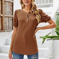 thumbnail image 2 of Camisa de manga abullonada con botones en la parte delantera, cuello redondo, estilo informal, camiseta diaria para mujer, 2 of 6