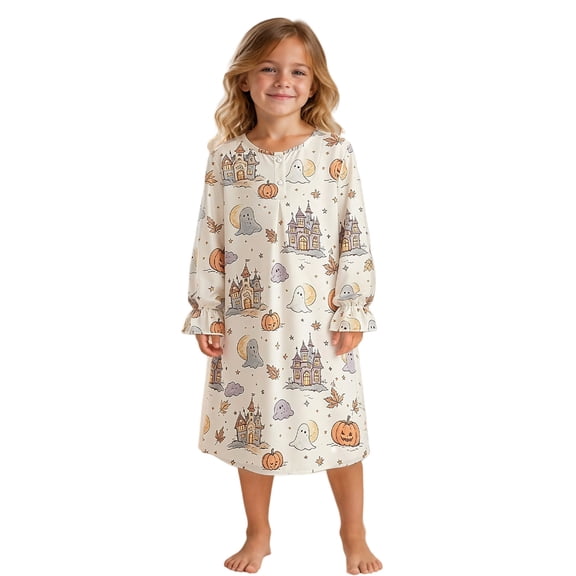JIAYUE Girl Kids Nightgown Soft Loose Lightweight Breathable Halloween Funny Print Long Sleeve Ruffle Cuff Round Neck Button Front Loose Fit Cute Pajamas For Holiday Party Family Indoor Loungewear
