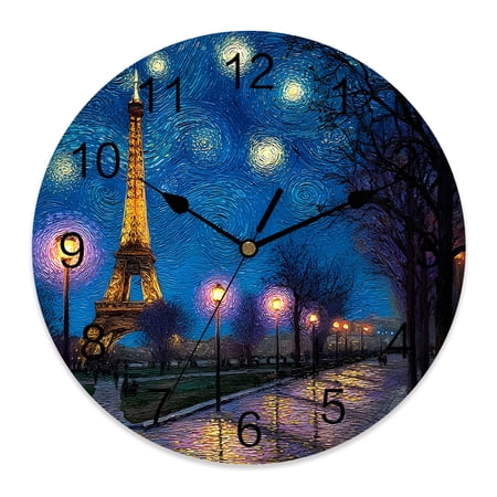 Wall Clock Eiffel Tower Night Walk Clocks PVC Silent Non-Ticking Battery Operated Decorative Urban Impressionist Round Clock for Home Living Room Kitchen Bedroom Office School Wall Decor 10 Inch