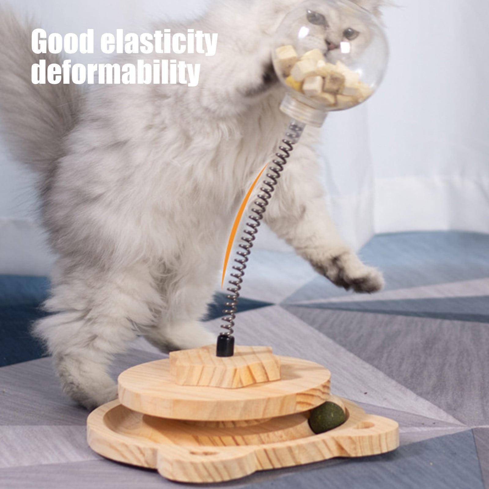 SPOORYYO Solid Wood Spring Rotating Catnip Toy Set - Interactive Cat Teaser with Food Leaking Function - Beige Pet Toy for Cats, Stimulates Hunting Instinct, Safe Chew Toy