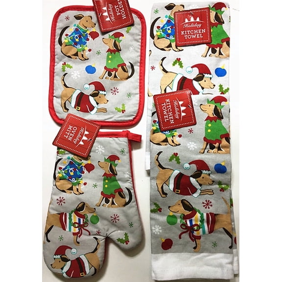 Christmas Holiday Dogs Season's Greetings Kitchen Towel Set - 2 Kitchen Towels 1 Oven Mitt 1 Pot Holder