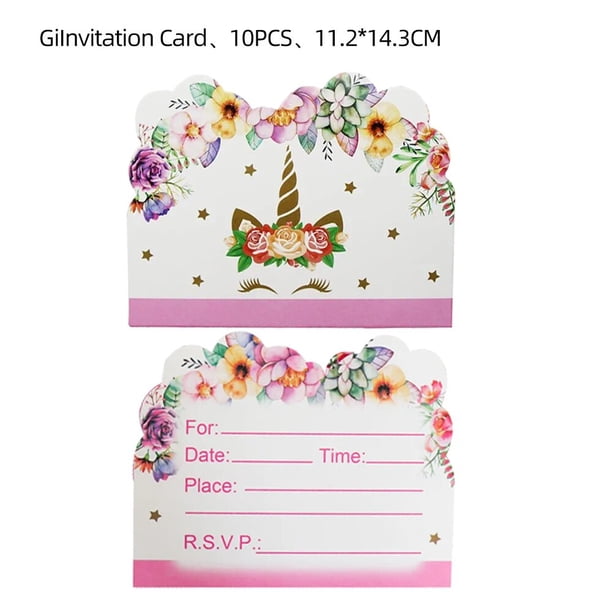 Tarjeta de felicitación de feliz cumpleaños, 10 piezas, unicornio, globo de dibujos animados, postal para tarjetas de invitación de cumpleaños, hornear, pastel, flores, decoración