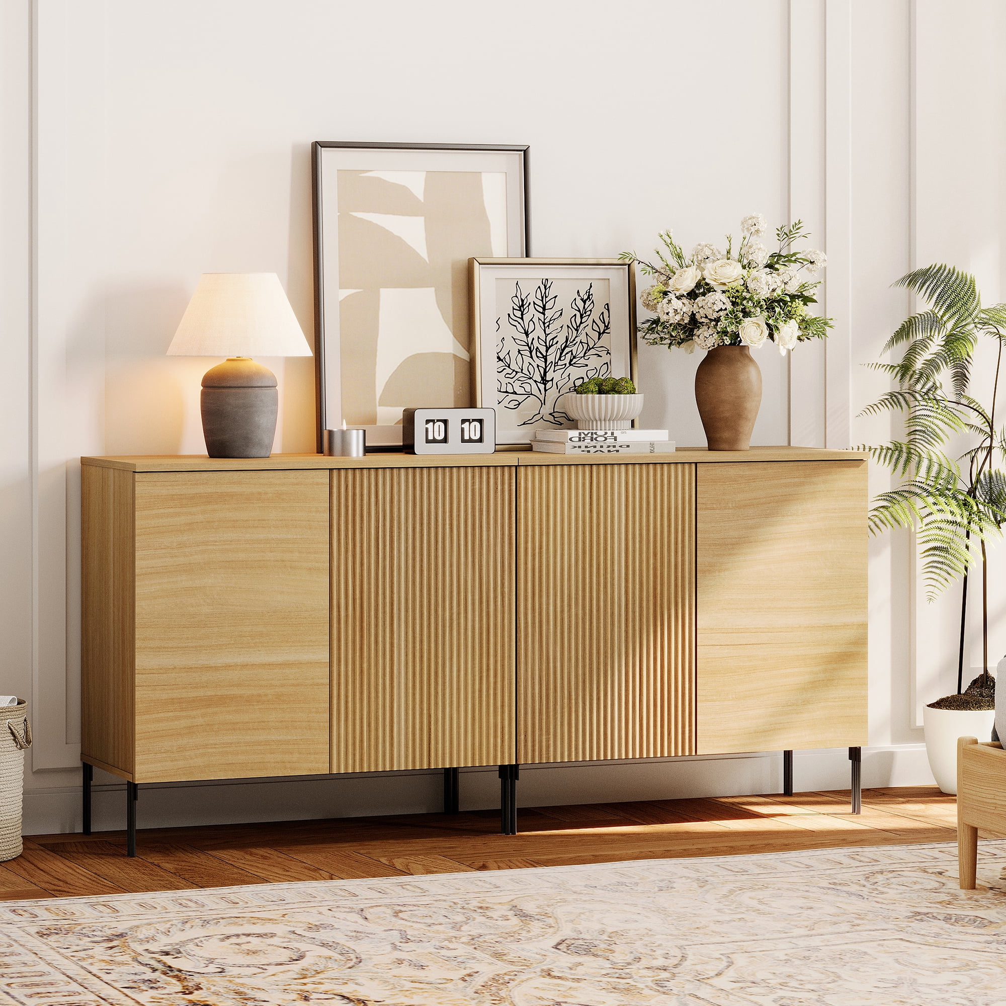 4 Pcs Bedroom Set，Reeded Dresser and Nightstand Sets for Bedroom, Wooden Dresser Set with Adjustable Shelves, Night Stand of 2 with Charging Station