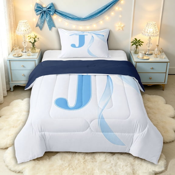 Manfei Romantic Dreamy J Personalized Initial Twin Comforter Sets 3-Piece for Girls Kids,Teens Women Kawaii Bow Tie Letter Bedding Set,Navy Blue Reversible,Lightweight Room Decor