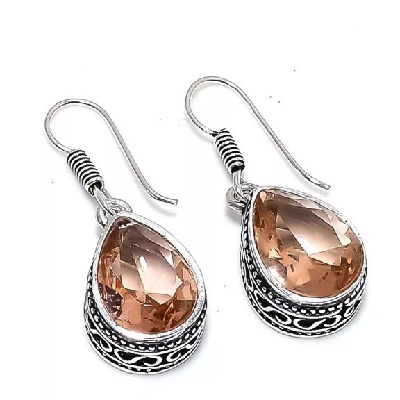Peach Morganite Gemstone Handmade 925 Sterling Silver Jewelry Earring Size 1.4"