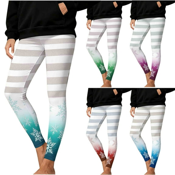 Fengqque Women's Christmas Leggings Striped Snowflake Printed High Waisted Tights Trendy Workout Yoga Pants Sky Blue XL(XL)
