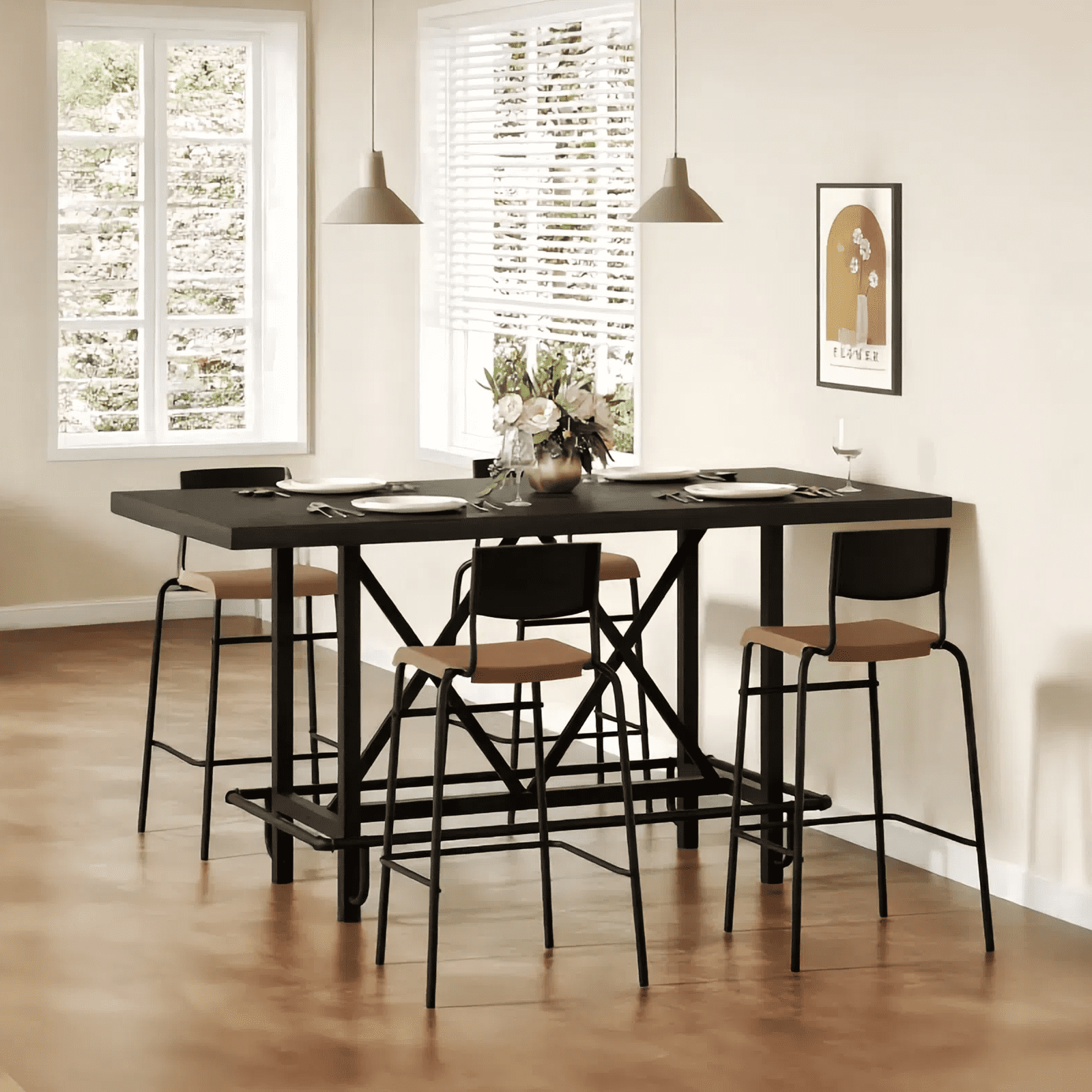Fnova 35.4" Tall Dining Table, Rectangular Counter Height Kitchen Table with Metal Footrest for 6 People