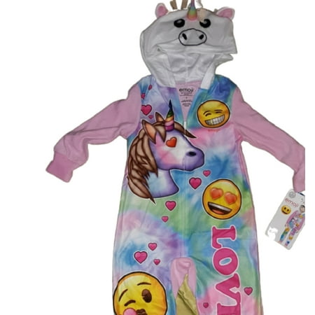 

Unicorn Emoji Girls Fleece Blanket Sleeper Hooded Tie Dye Onesie Pajama in Multi Size 8