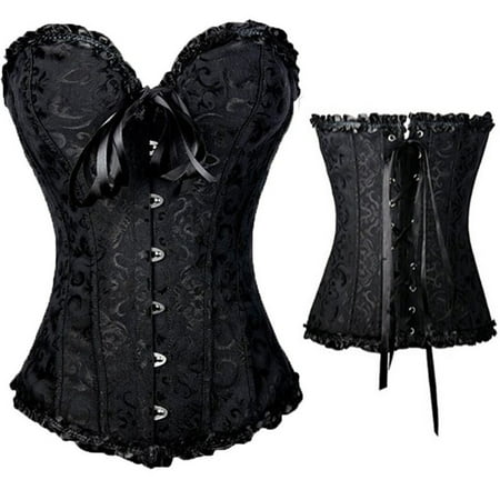 

Ma&Baby Women Strapless Lace Up Floral Trim Corset Bustier Push Up Lingerie Shapewear