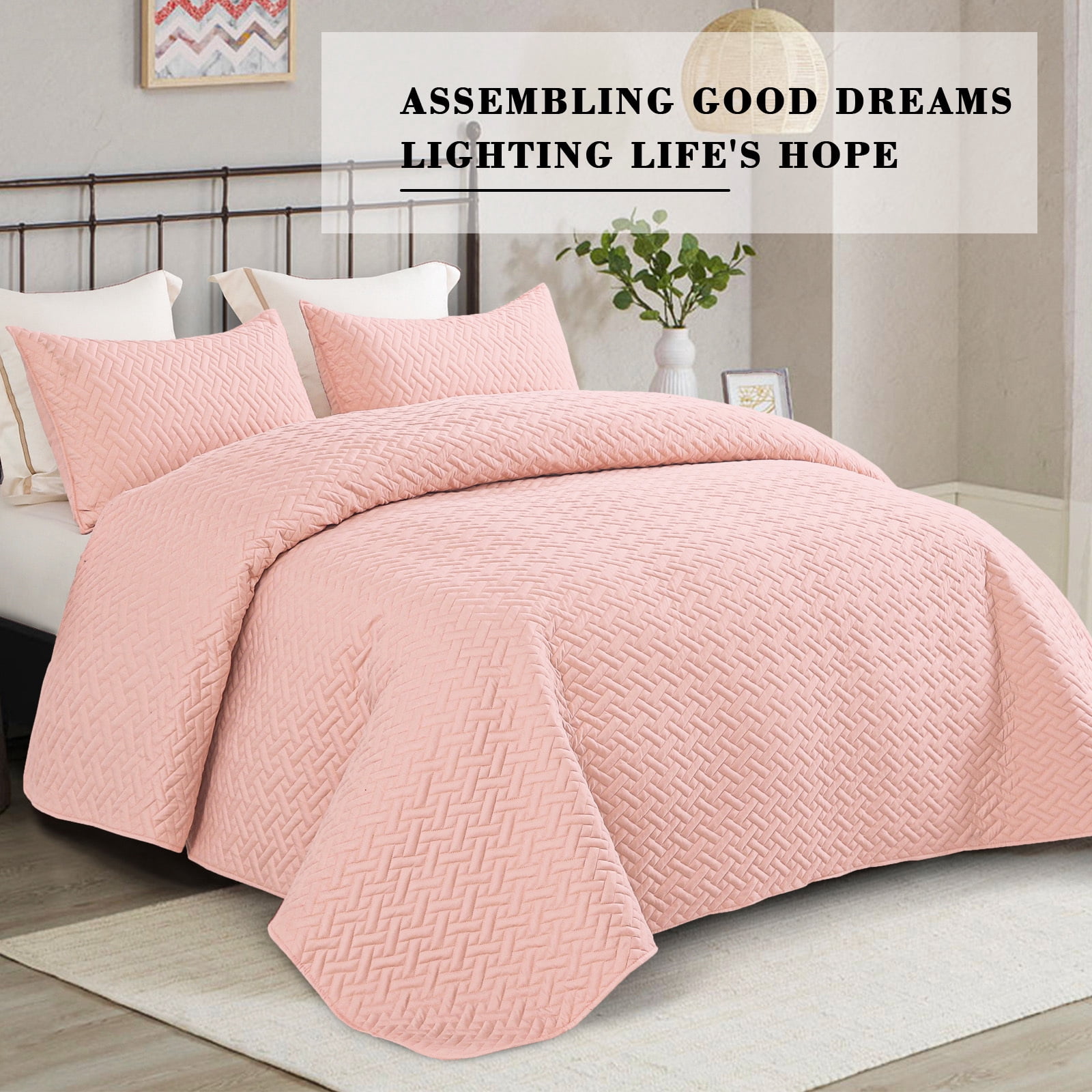Exclusivo Mezcla 3-Piece King Size Quilt Set, Basket Quilted Bedspread/Coverlet/Bed Cover(96"x 104", Blush Pink)