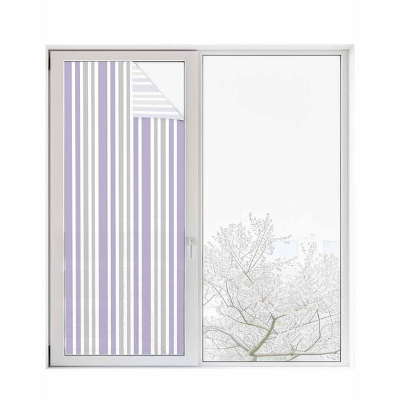 Window Privacy Film Light Purple Grey Stripe Stained Glass Window Film Decorative Sun Block Window Cover Farmhouse Minimalist Striped Window Clings Static Adhesive Sticker for Bathroom 23.6"x59"