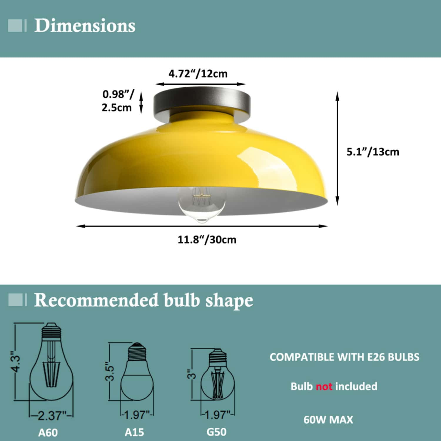 Claxy 12" Yellow Flush Mount Ceiling Light with Dome Metal Shade