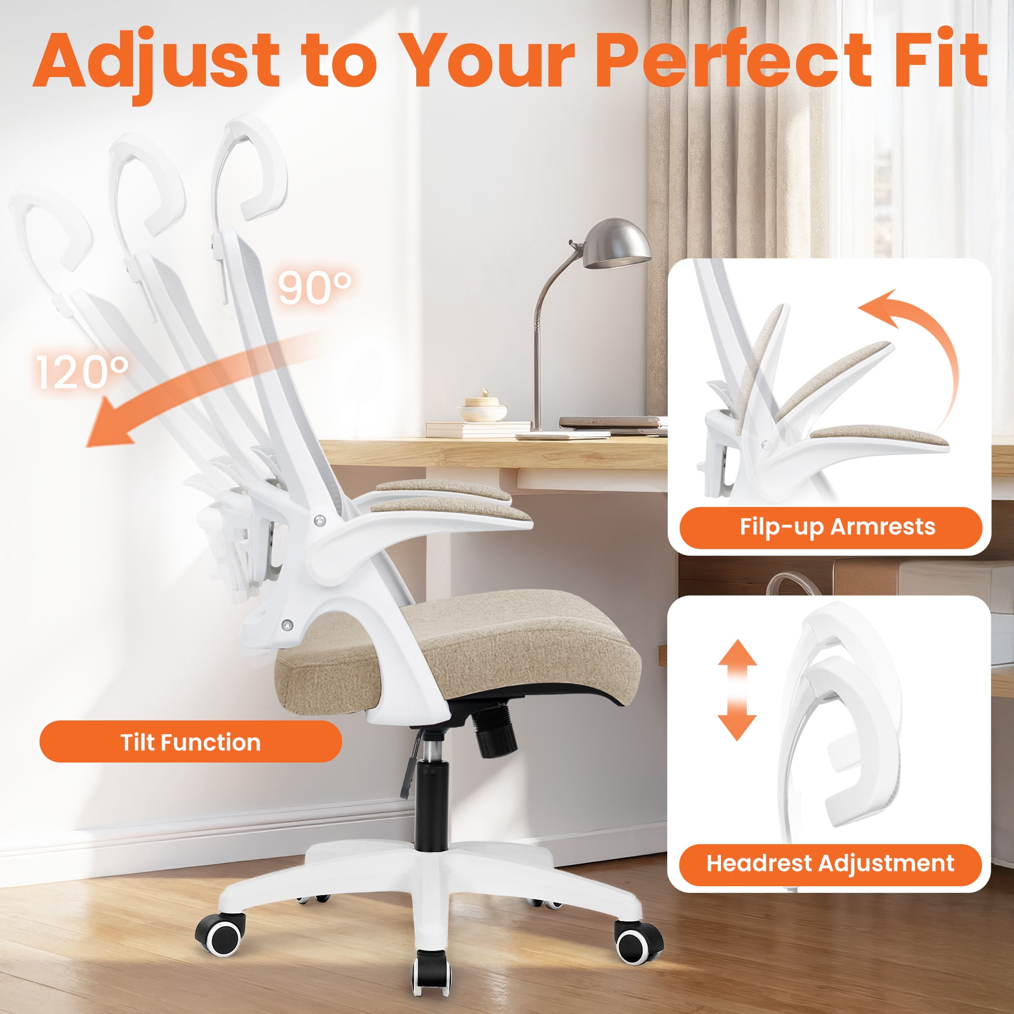 NEO Chair Office Desk Chair Gaming Computer High Back Support Mesh Comfy Seat with Adjustable Ergonomic Headrest Lumbar Rolling Flip-up Armrests and Wheels (Beige)