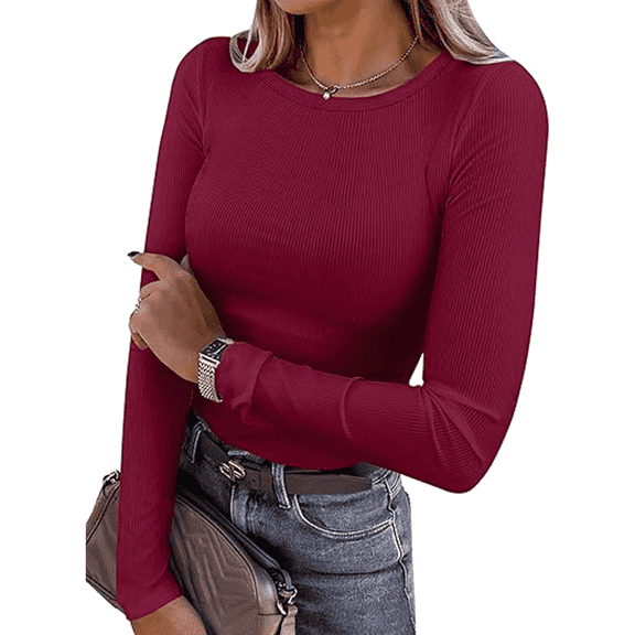 Women's Ribbed T-Shirt, Casual, Long Sleeve, Slim Fit, Deep Red, Size S