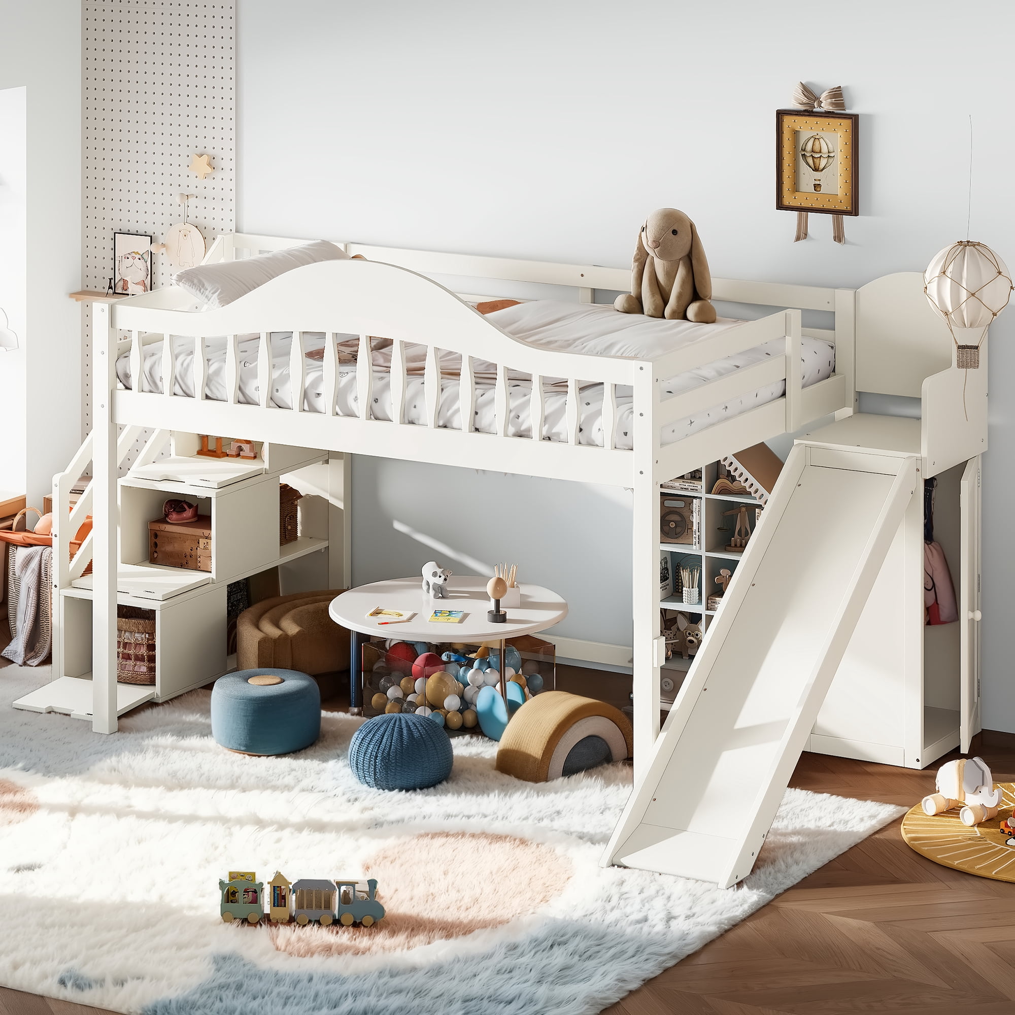 Leumius Full Loft Bed with Storage Stairs, Slide & Built-in Wardrobe, Stylish High Guardrail, Wood Loft Bed Frame for Bedroom,Dorms,Guests Beige