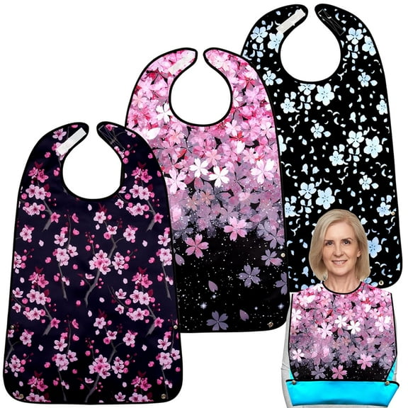 Adult Bibs,3 Packs Cherry Blossom Adult Bibs for Women Eating Washable with Crumb Catcher (Black Pink 3 pack)