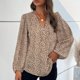 thumbnail image 2 of Mujeres blusa V Masajeadores de cuello linterna manga larga suelta dobladillo estampado leopardo elástico cuff túnica camisa caqui M, 2 of 6