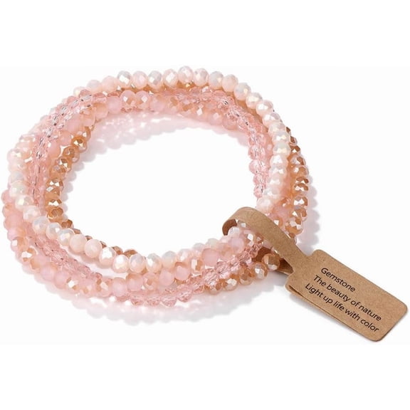 4Pcs Faceted Rondelle Glass Stretch Bracelets Sets Pink 7-1/2 inch(19cm)