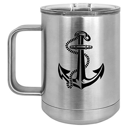 

15 oz Tumbler Coffee Mug Travel Cup With Handle & Lid Vacuum Insulated Stainless Steel Anchor With Rope (Silver)