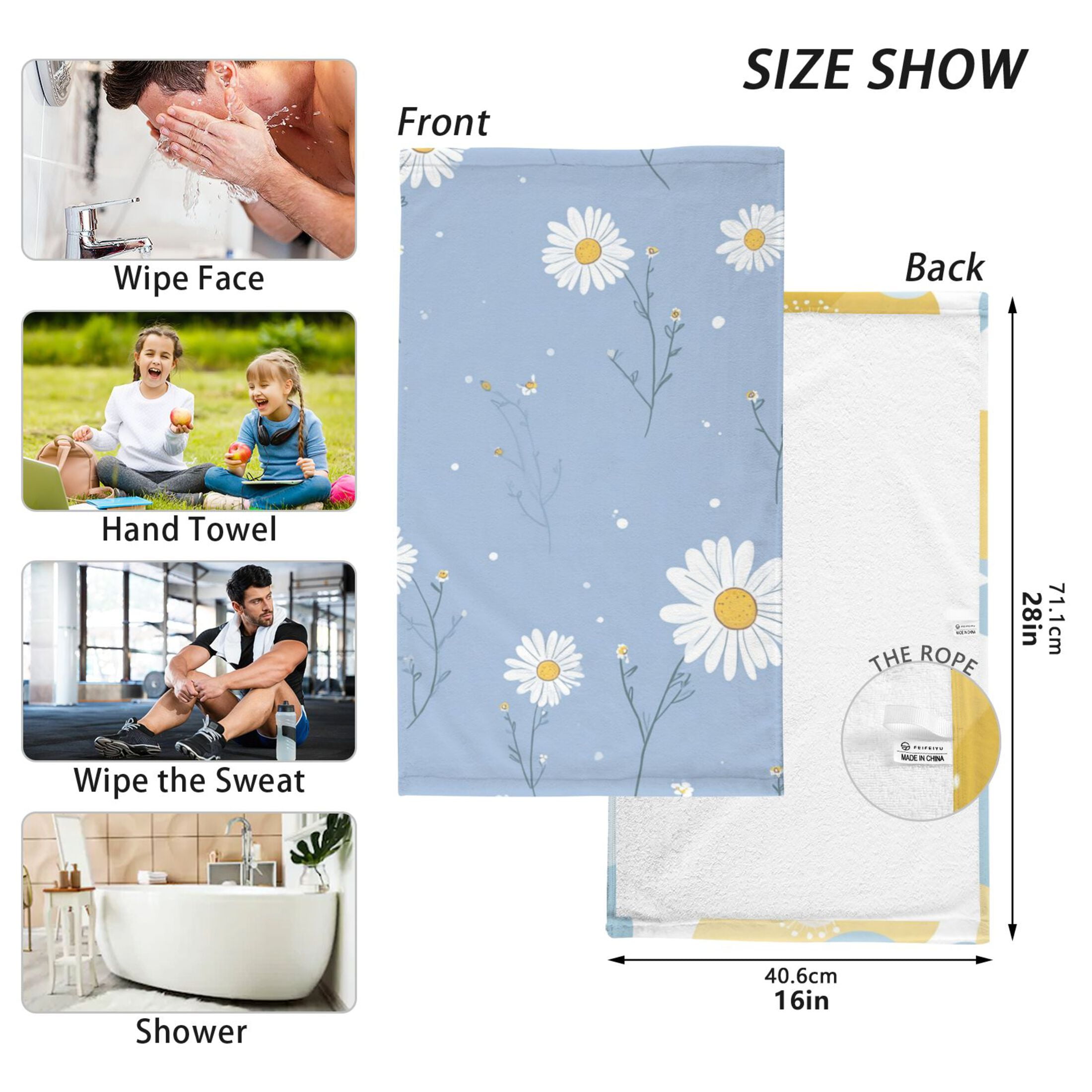 2-Pack Soft 100% Cotton & Highly Absorbent Bath Towel 2 Defferent Pattern Designs Flat Color Retro Flower Daisies on A Blue Background
