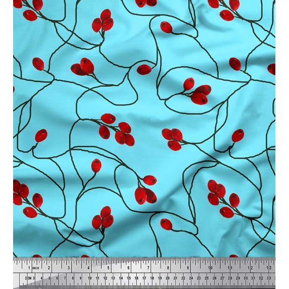 Soimoi Blue Rayon Fabric Red Berries Fruits Decor Fabric Printed Yard 56 Inch Wide
