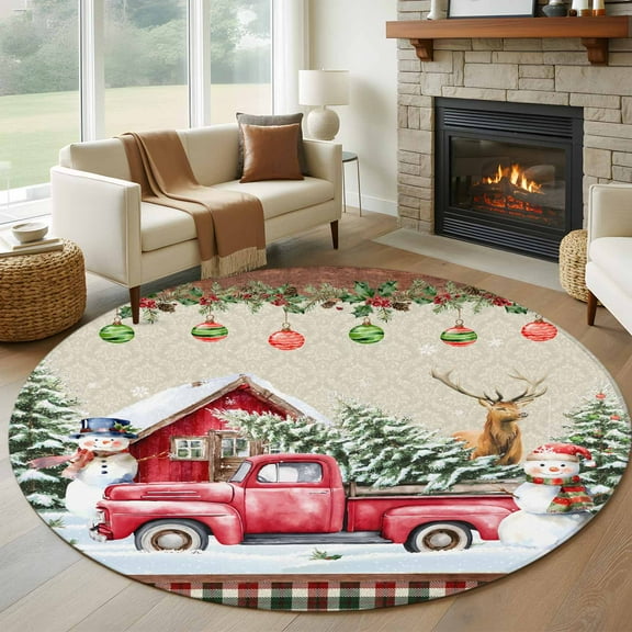 Beige Christmas Round Rug 5ft Washable Circle Kitchen Rugs Non Slip Red Truck Plaid Snowman Xmas Tree Ball Large Area Rug Indoor Floor Carpet for Bedroom Living Room Home Office Dining Room Nursery