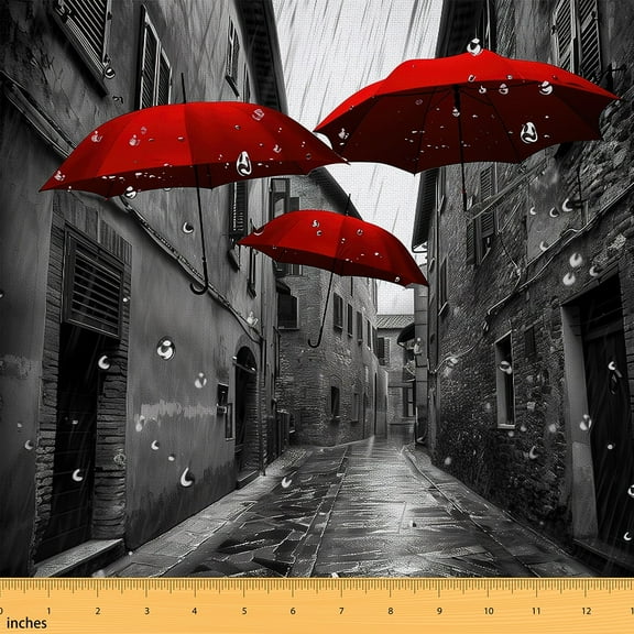 Erosebridal Red Umbrella Fabric By The Yard, Gray Modern Simple Theme Quilting Fabric By The Yard, Romantic Style Print Indoor Outdoor Fabric, Urban Lovedecorative Fabric 1 Yard
