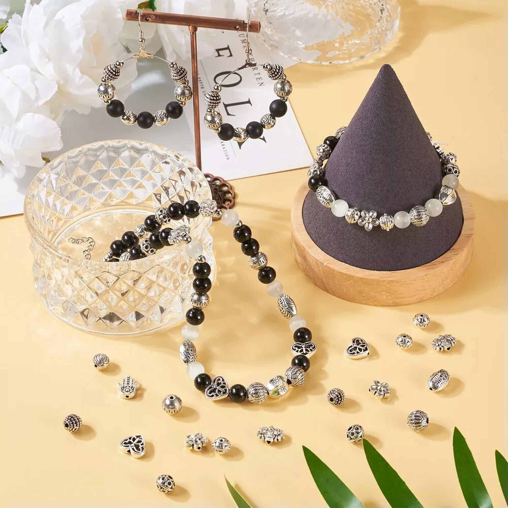 EOEMY 130Pcs Antique Silver Rondelle Barrel Flower Tibetan Style Alloy Beads 7.5~12mm