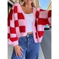 thumbnail image 4 of Cardigan à Carreaux Color Block pour Femmes, Chandail à Manches Longues, Tricoté, Ouvert, Rouge m, 4 of 8