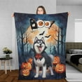 thumbnail image 3 of Happy Halloween Vampire Siberian Husky BOO with Pumpkins Fun and Spooky Cozy Fleece Blanket Husky Dog Lover Gifts Warm Soft Throw Blanket - 00018, 3 of 5