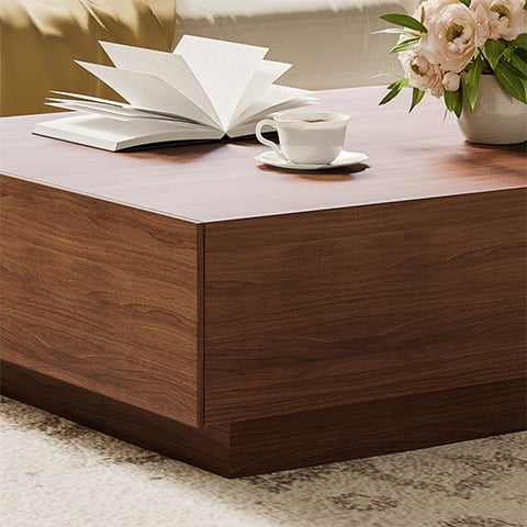 POVISON Mid Century Modern Coffee Table, Minimalist Wood Veneer Coffee Table with Storage for Living Room, Fully-assembled, 35.43'', Brown