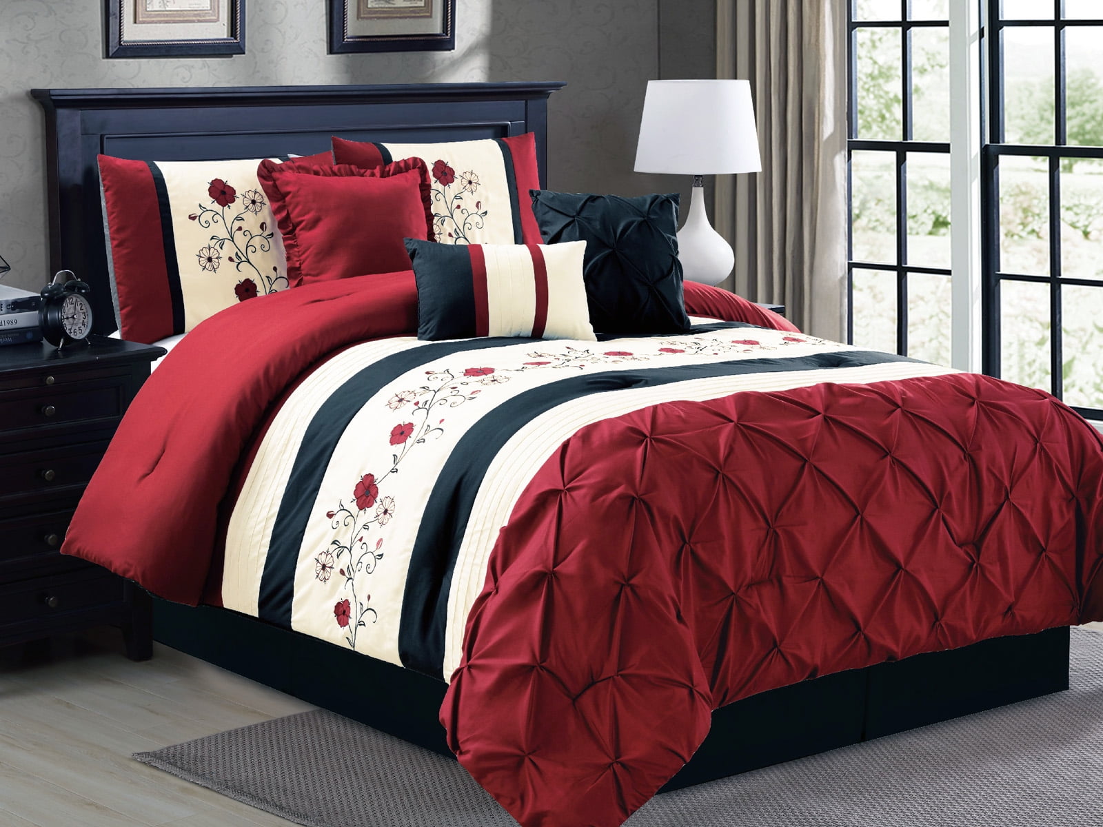 7Pc Floral Scroll Applique Embroidery Ruched Pleated Comforter Set Burgundy Black Ivory Queen